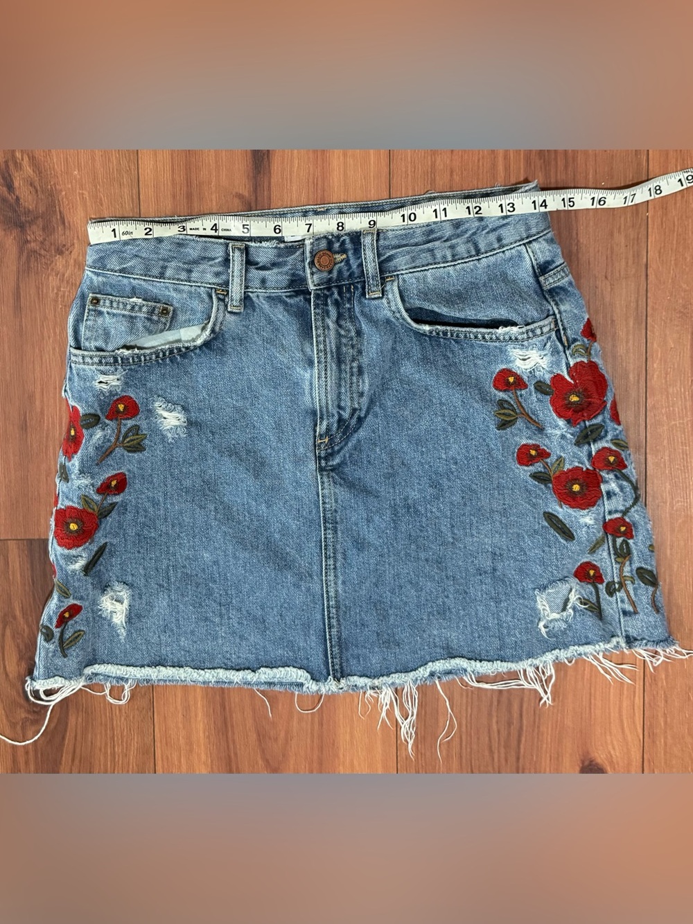 Zara Denim Mini Skirt with Red Floral Embroidery